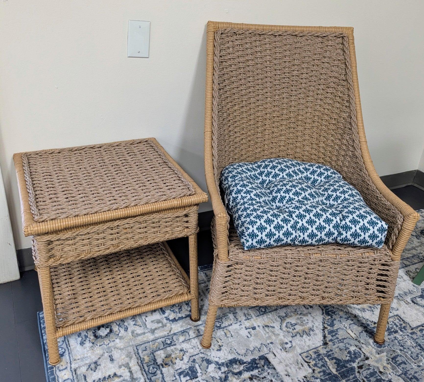 Faux Woven Wicker & Metal Chair with Table