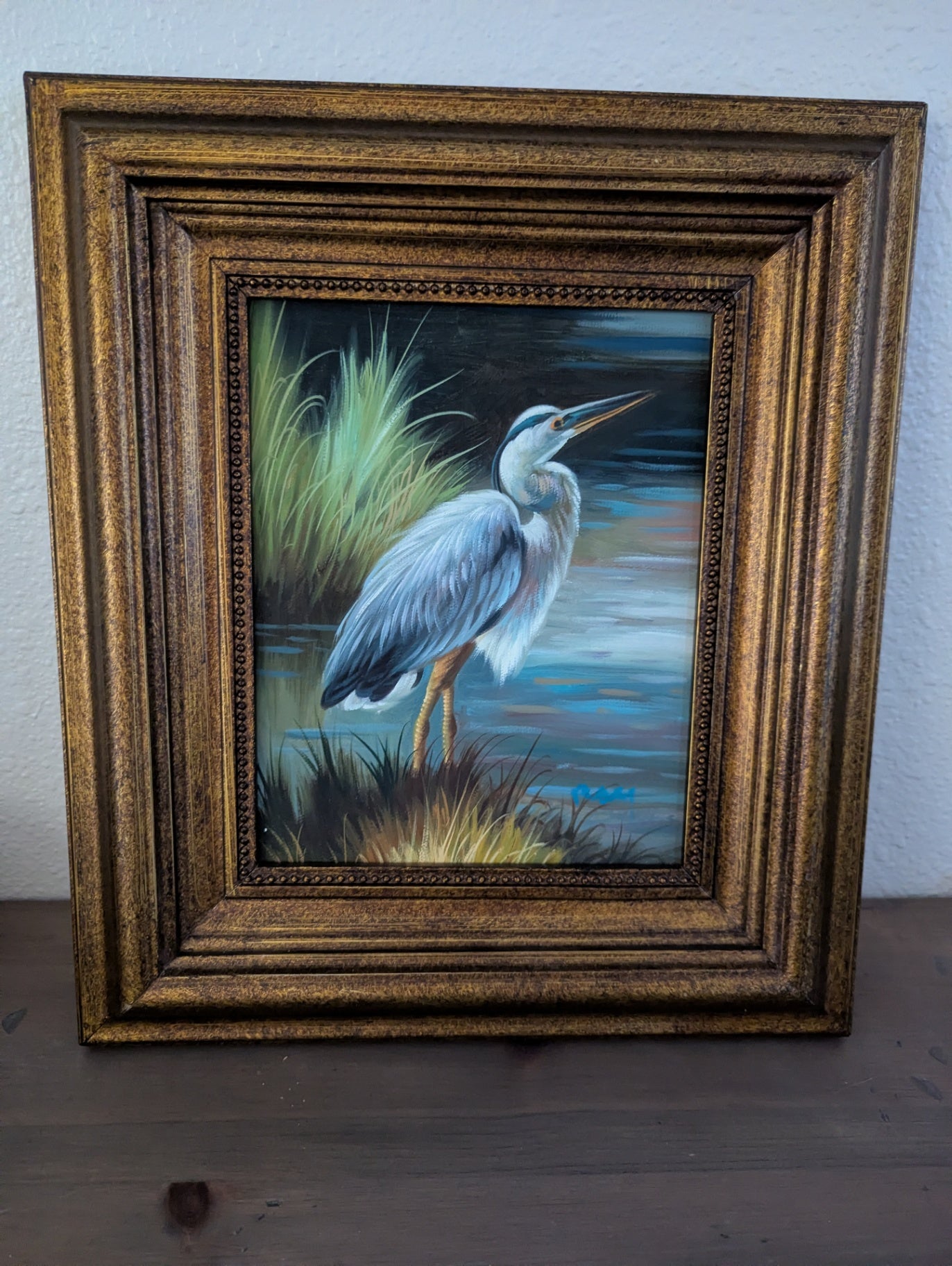 Vtg. Oil Painting of Blue Heron 48/60
