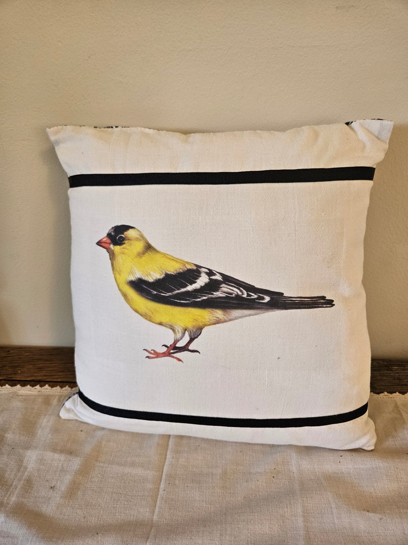Black yellow bird pillow 12x12 approx