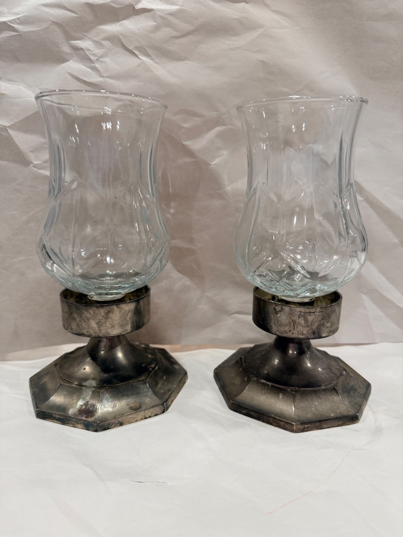 Set of 2 Vtg Metal Candle Holders with Glass Votive Holders
