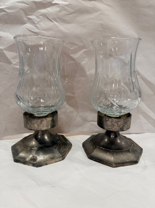 Set of 2 Vtg Metal Candle Holders with Glass Votive Holders