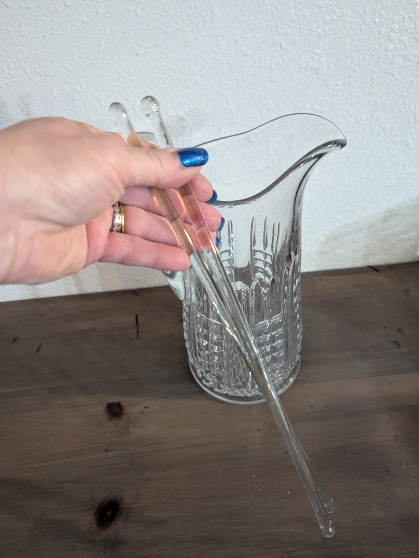 Vtg. Cut Glass or Crystal Pitcher w/Stir Sticks