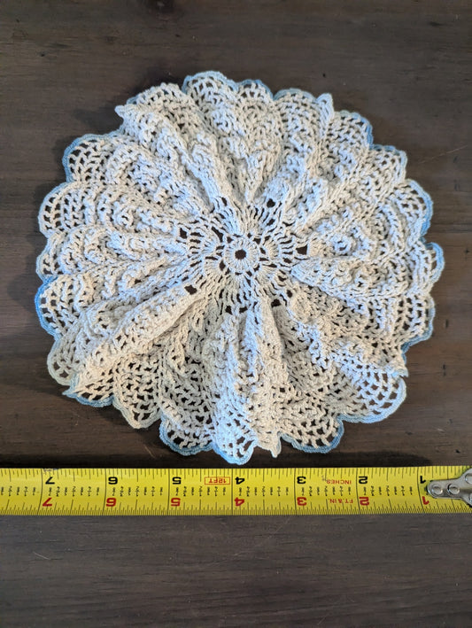 Vtg. Crochet Doily Blue Trim