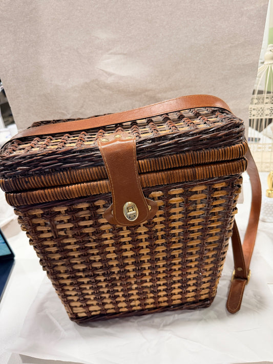 Vintage Wicker Picnic Basket w/ Adjustable Leather Strap