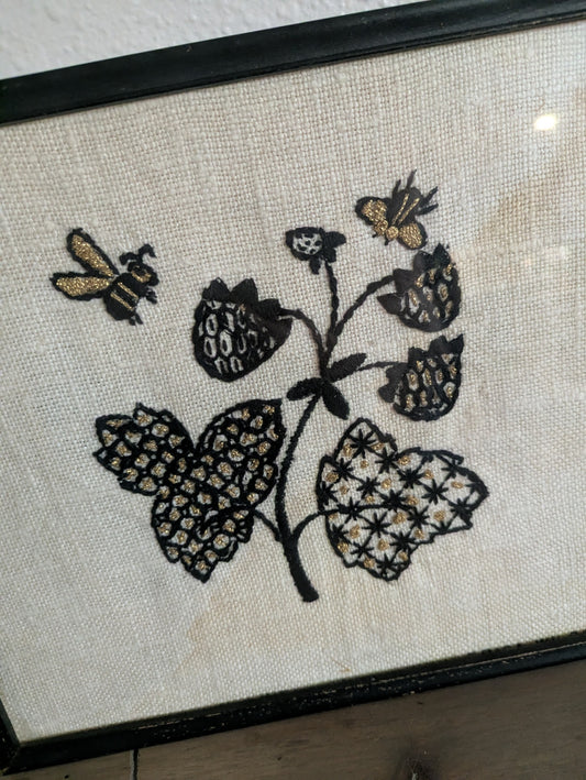 1968 Erica Wilson Embroidery "Strawberries & Bees"