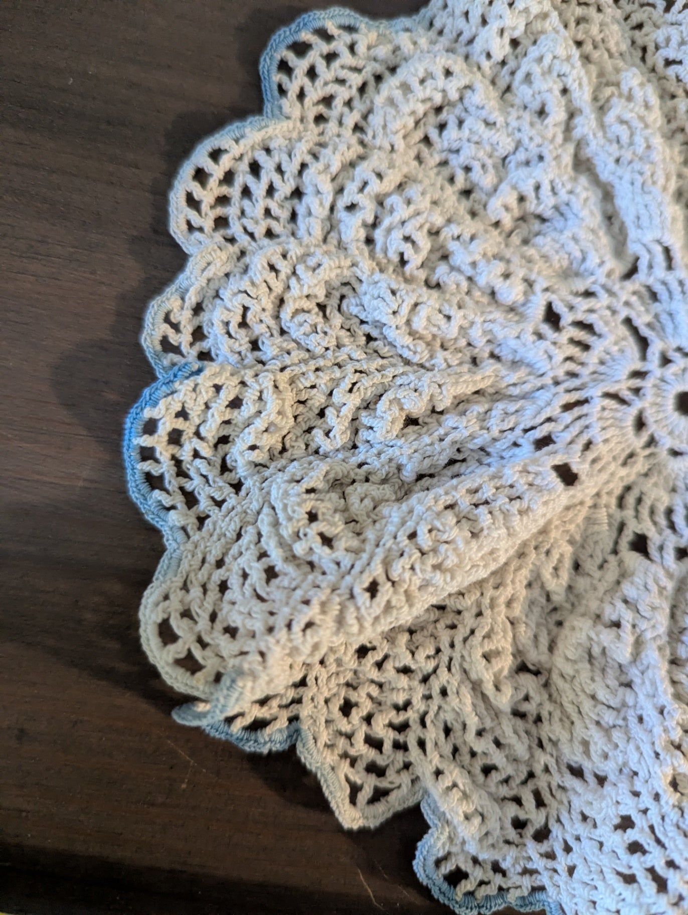 Vtg. Crochet Doily Blue Trim