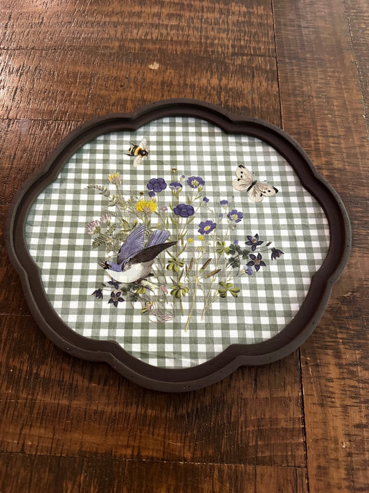 Picture with blue birds and purple flowers