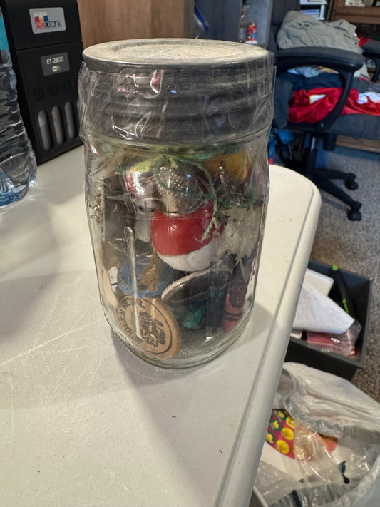 Vintage jar with vintage miscellaneous items