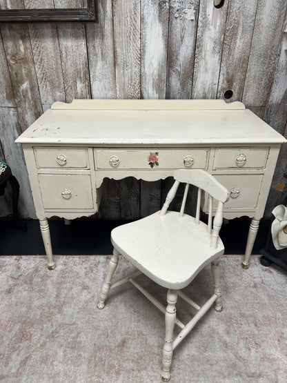 Vintage Painted Wood White Desk + Chair