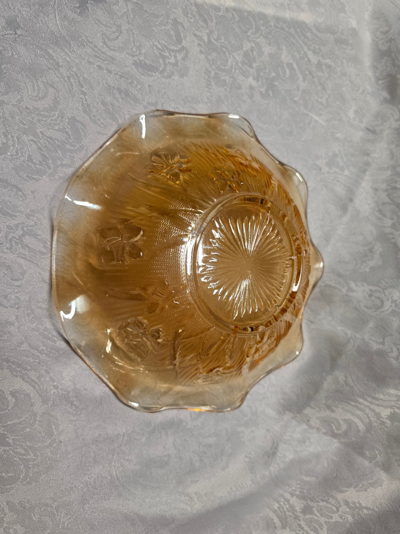 1950s Jeannette Golden Iridescent Iris and Herringbone Ruffled Glass Bowl