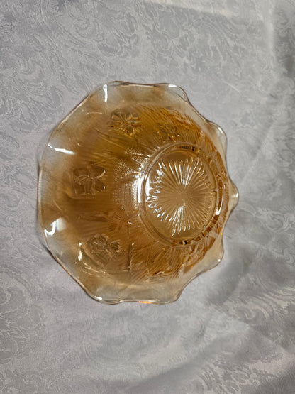 1950s Jeannette Golden Iridescent Iris and Herringbone Ruffled Glass Bowl