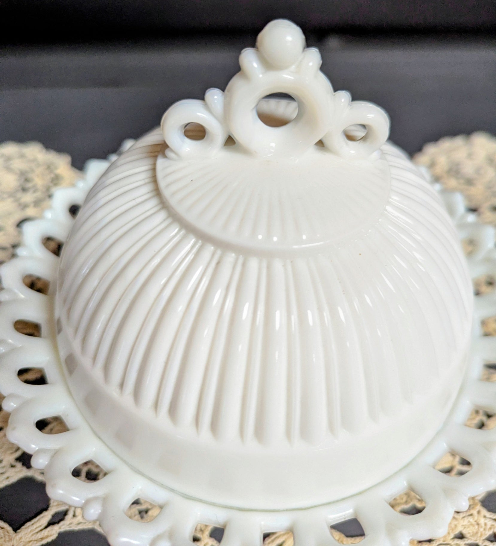 Vtg. Fenton Milk Gass Ornate Covered Dish