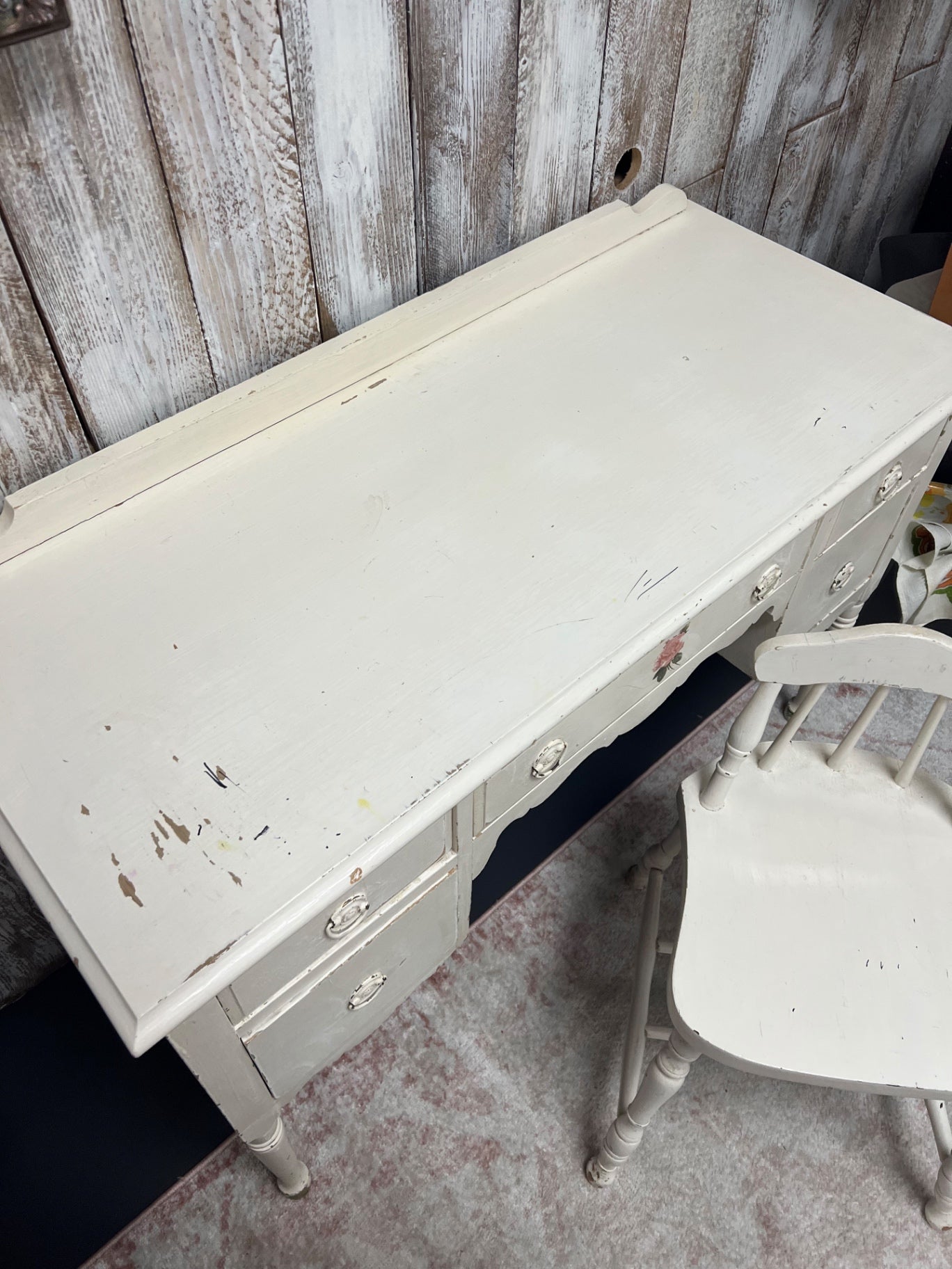 Vintage Painted Wood White Desk + Chair