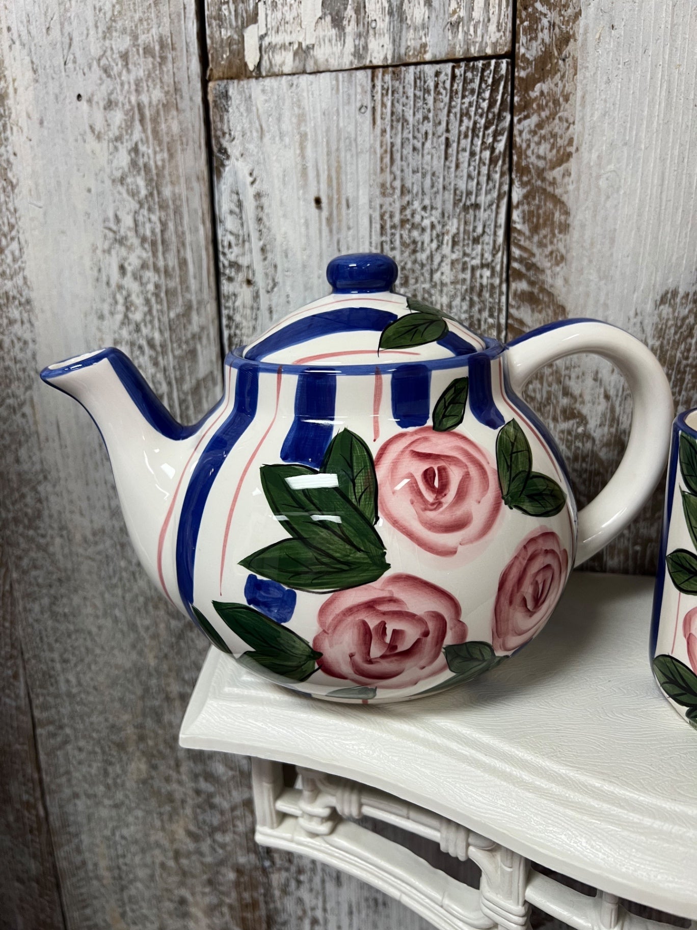 Vintage World Bazaars Rose & Striped Teapot