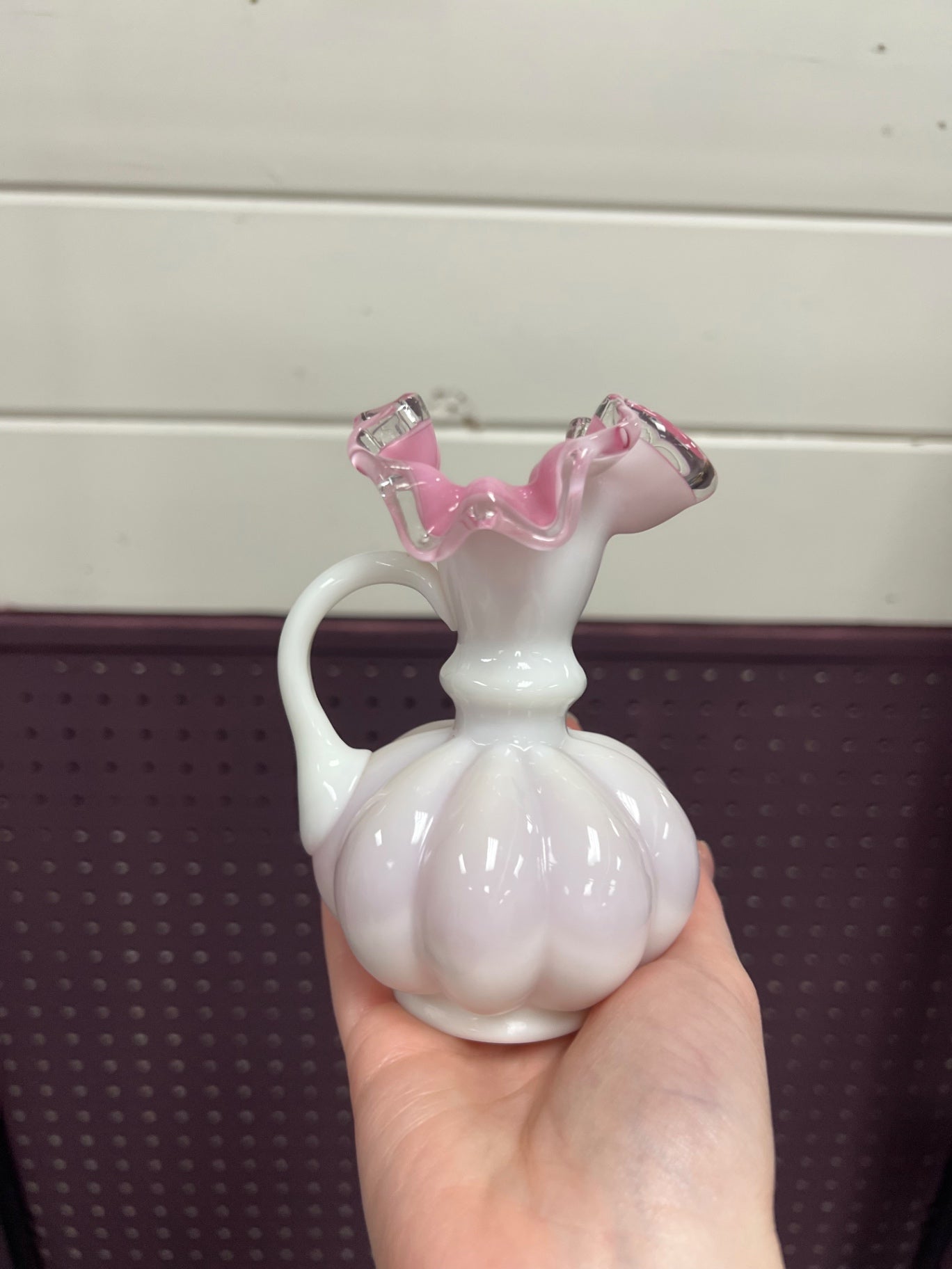 Vintage Fenton Pink Melon Glass Ruffle Pitcher Vase