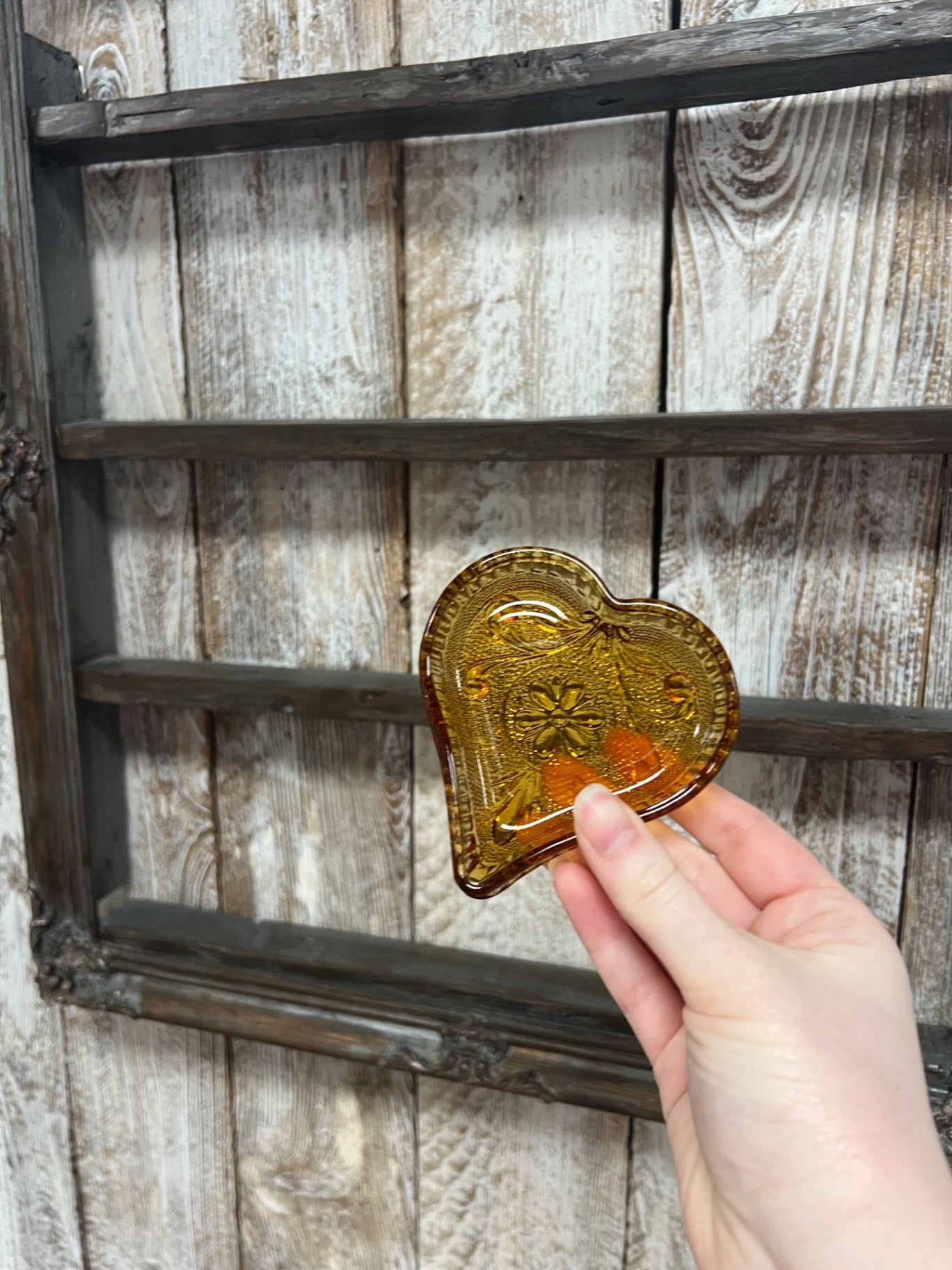 Vintage Indiana Glass Amber Heart Trinket Dish