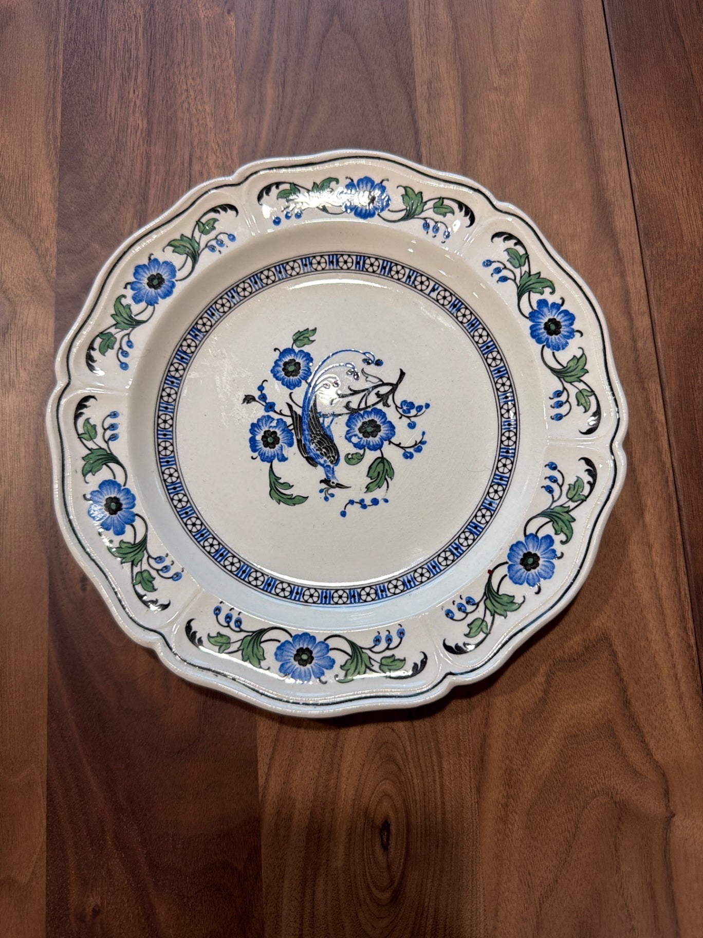 8" Vtg White Salad Plate with Blue Flowers and Bird