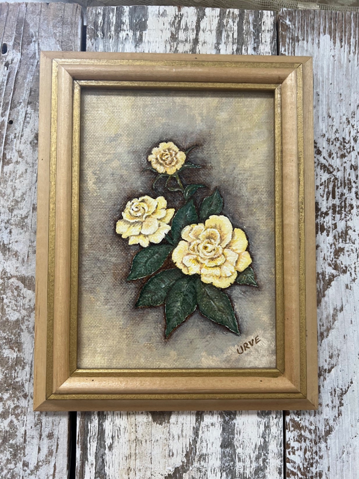 Vintage Urve Framed Oil Painting Yellow Roses