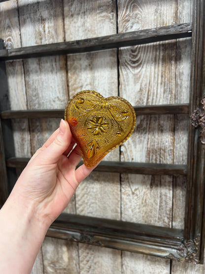 Vintage Indiana Glass Amber Heart Trinket Dish