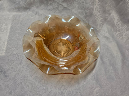 1950s Jeannette Golden Iridescent Iris and Herringbone Ruffled Glass Bowl
