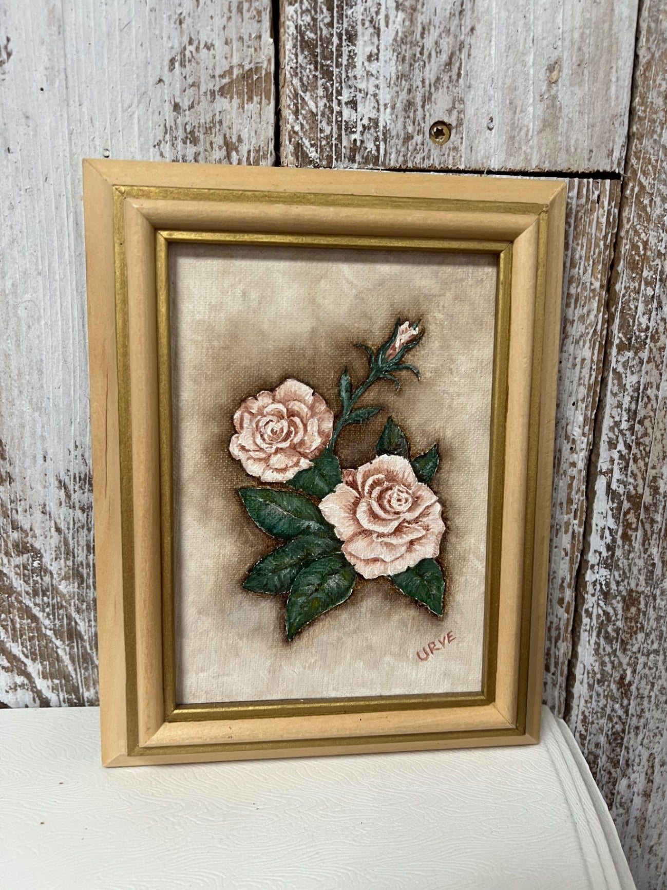 Vintage Urve Framed Oil Painting Pink Roses