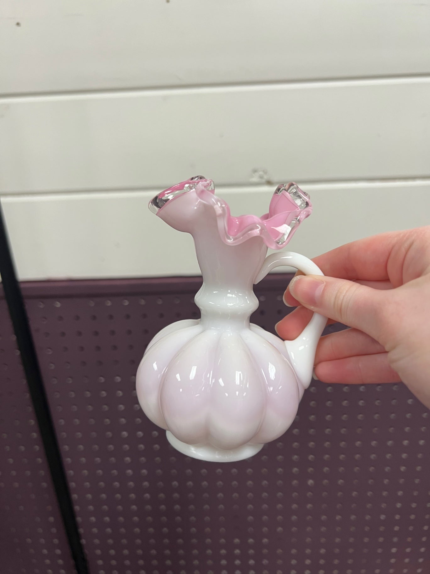 Vintage Fenton Pink Melon Glass Ruffle Pitcher Vase