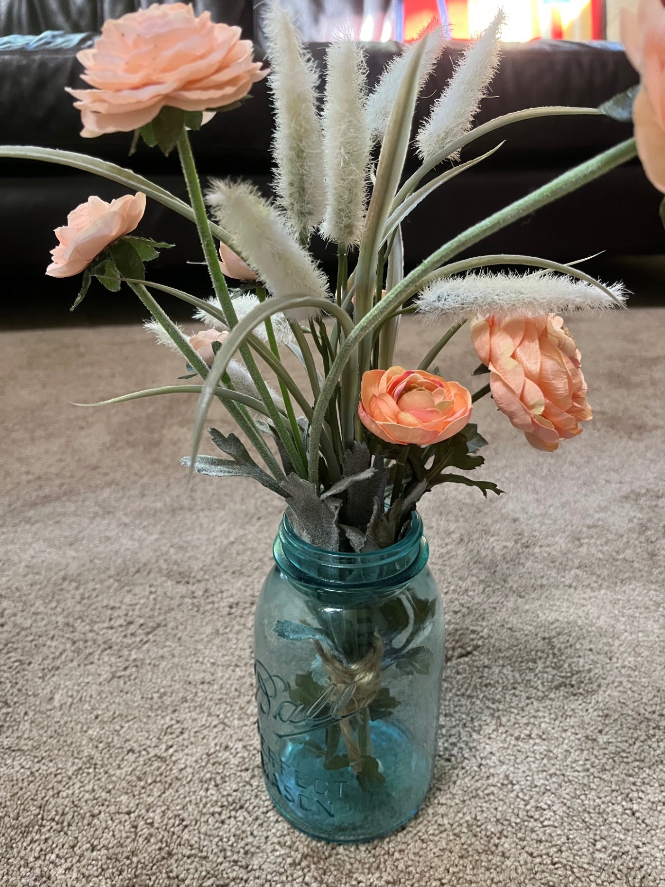 Teal Ball jar with flowers