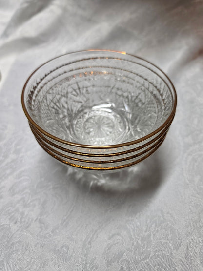 Luminarc Vtg Crystal D’arques Durand Clear Glass Gold Trimmed Bowl set of 4