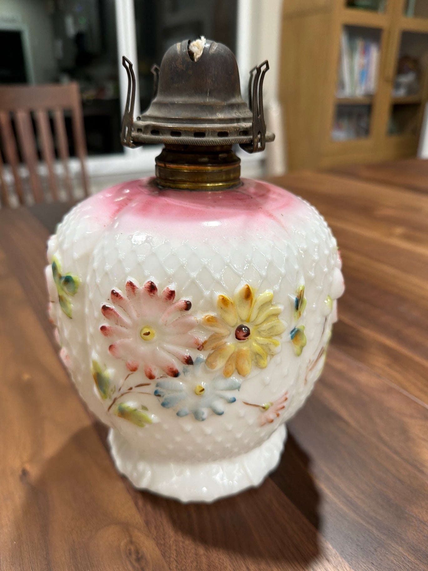 9.5" Vtg White Hobnail Oil Lamp with Flowers and Glass Chimney