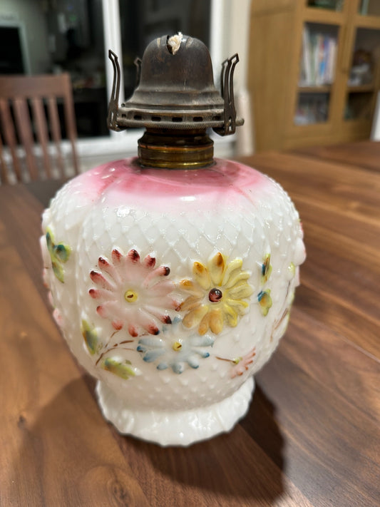 9.5" Vtg White Hobnail Oil Lamp with Flowers and Glass Chimney