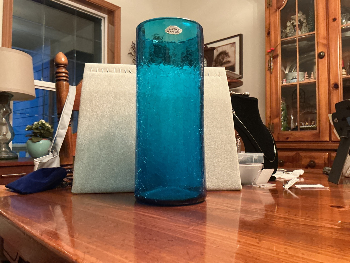 Blenko turquoise crackle glass vase