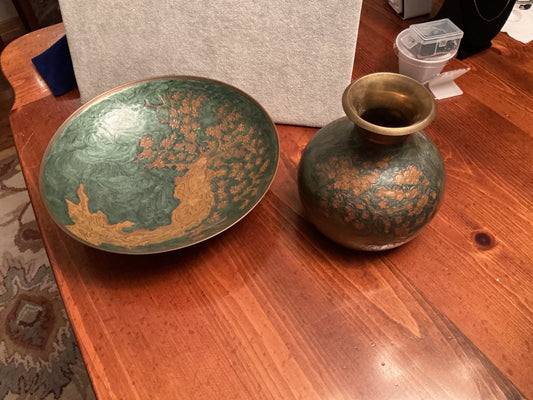 Brass & enamel bowl & vase