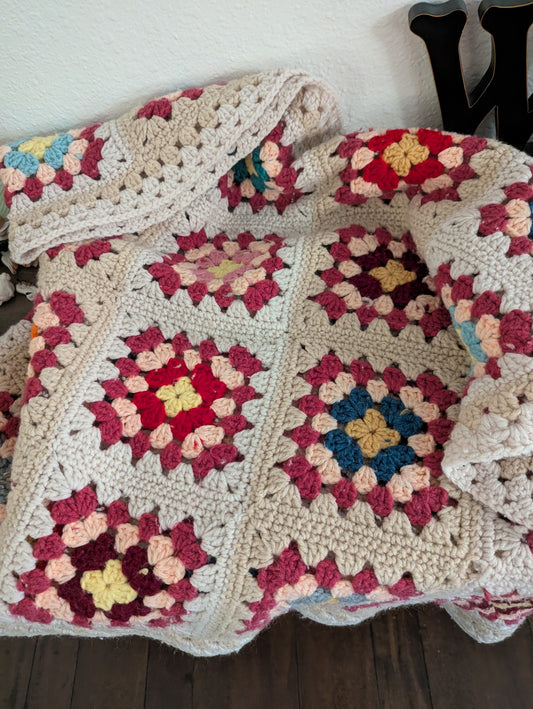 Vtg. Granny Square Crochet Coverlet 29" x 58"