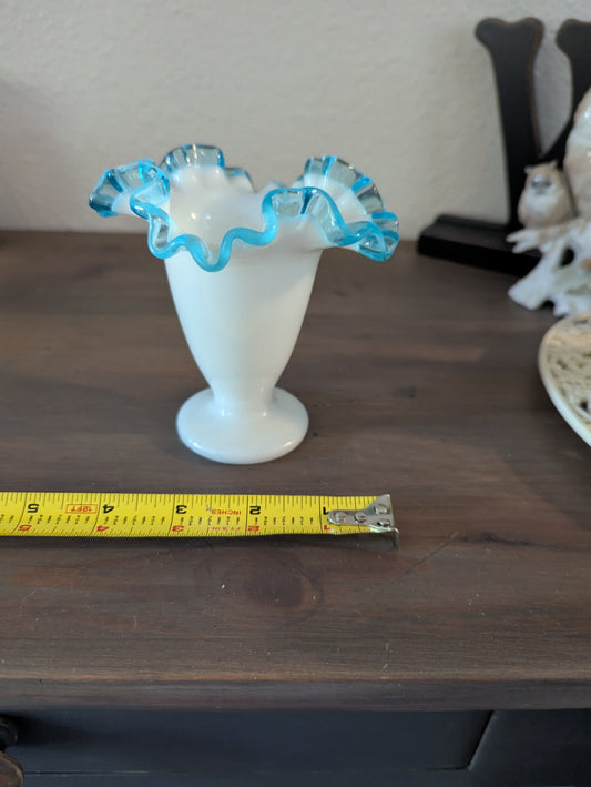 Vtg. Fenton Art Glass Aqua Crest Ruffled Vase