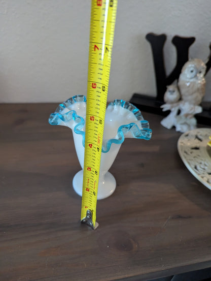 Vtg. Fenton Art Glass Aqua Crest Ruffled Vase