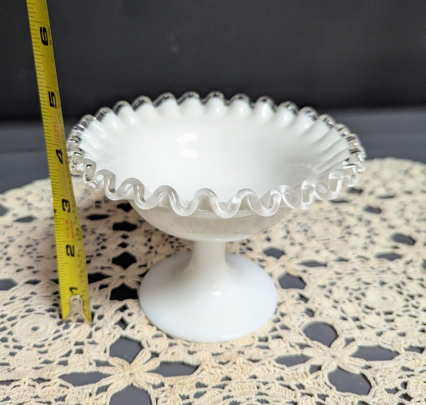 Vtg. Fenton Milk Glass Silver Crest Pedestal Nut Dish