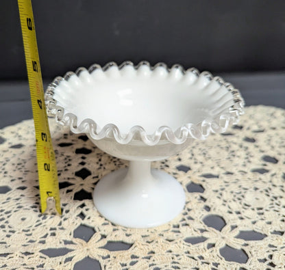 Vtg. Fenton Milk Glass Silver Crest Pedestal Nut Dish