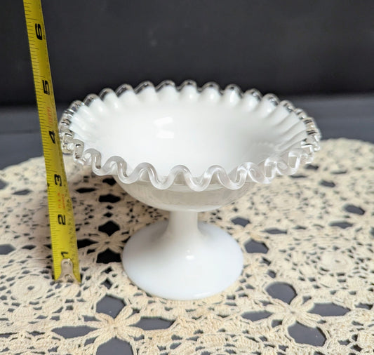 Vtg. Fenton Milk Glass Silver Crest Pedestal Nut Dish