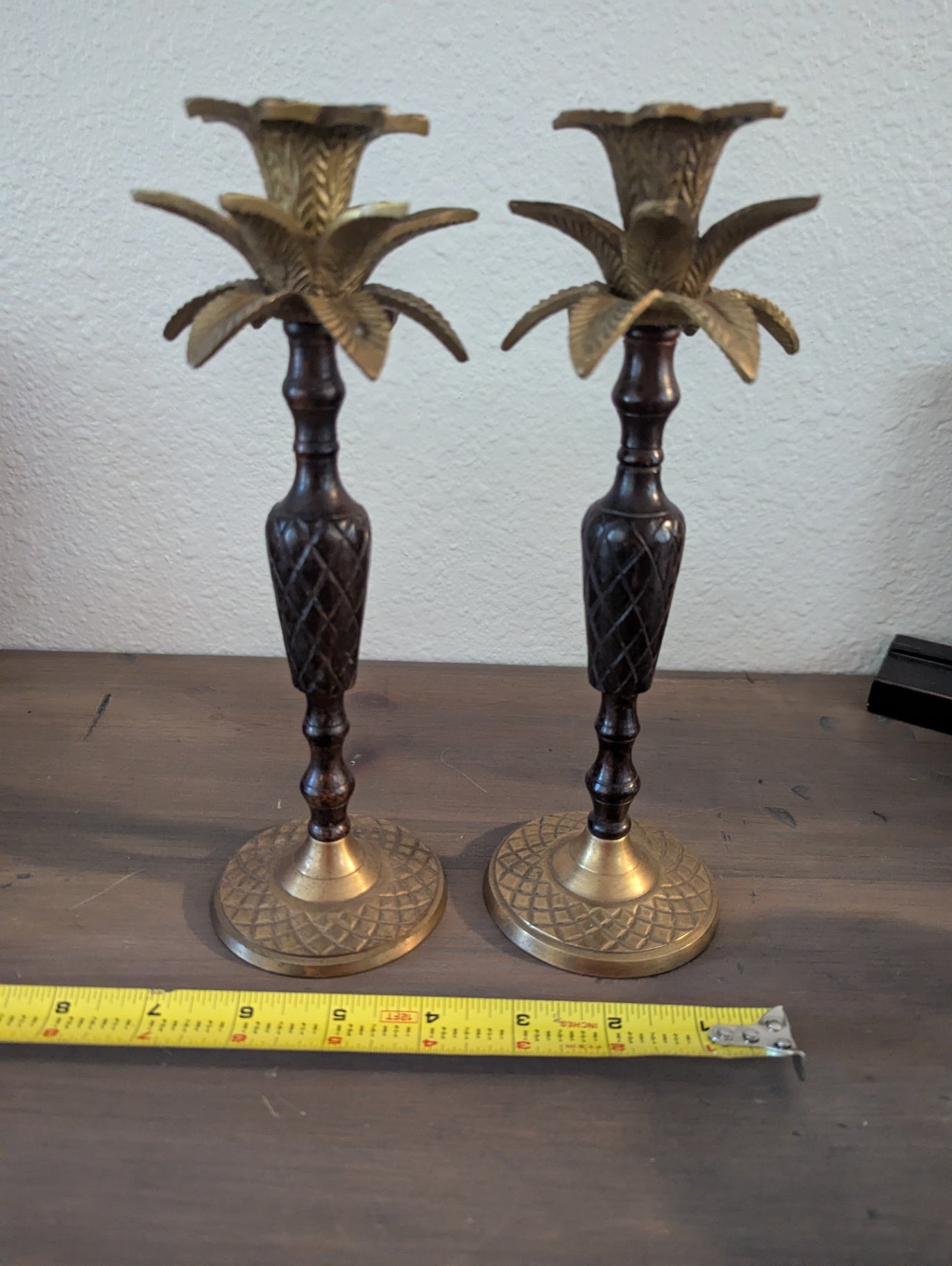 1970's Taper Brass & Wood Candle Holders