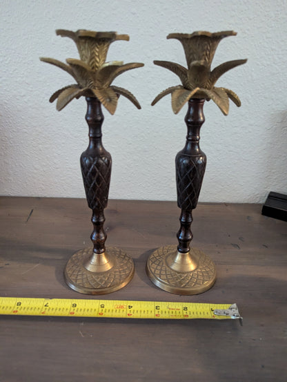 1970's Taper Brass & Wood Candle Holders