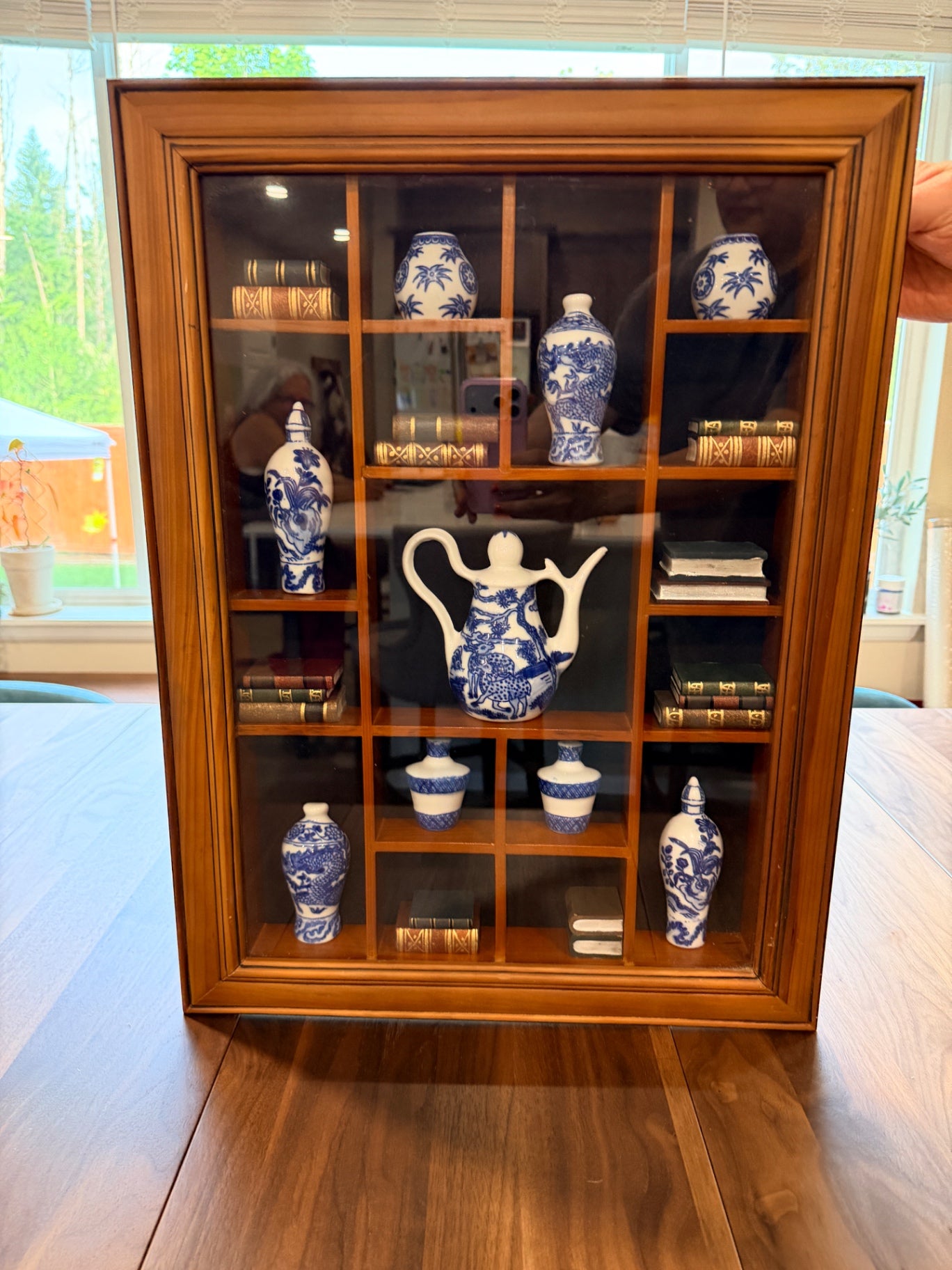 Vtg Miniature Pottery and Books Shadow Box