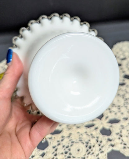 Vtg. Fenton Milk Glass Silver Crest Pedestal Nut Dish