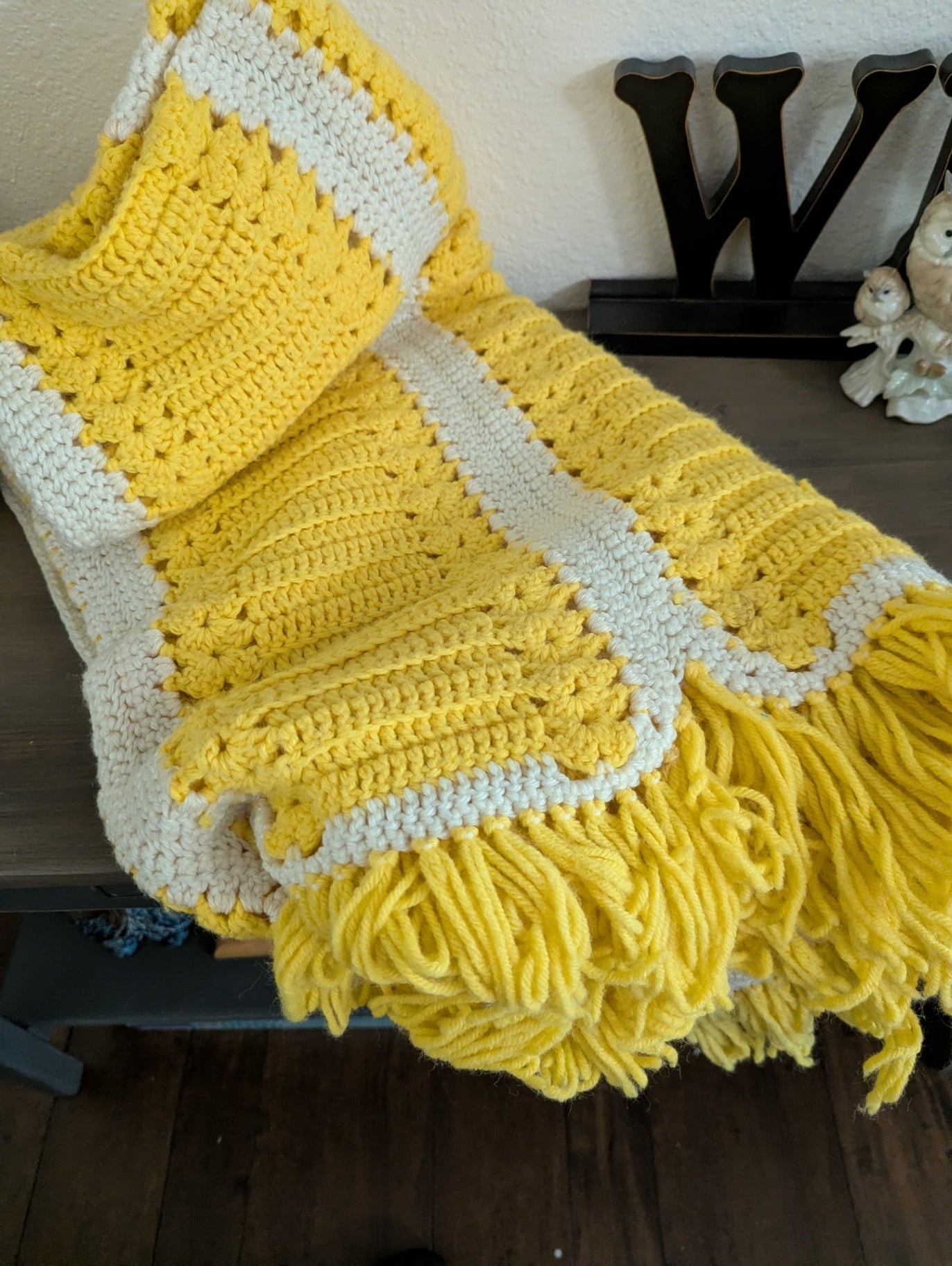 Vtg. Yellow Crochet Blanket 48" x 60"