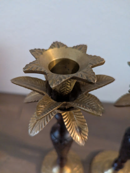 1970's Taper Brass & Wood Candle Holders