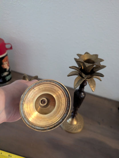 1970's Taper Brass & Wood Candle Holders
