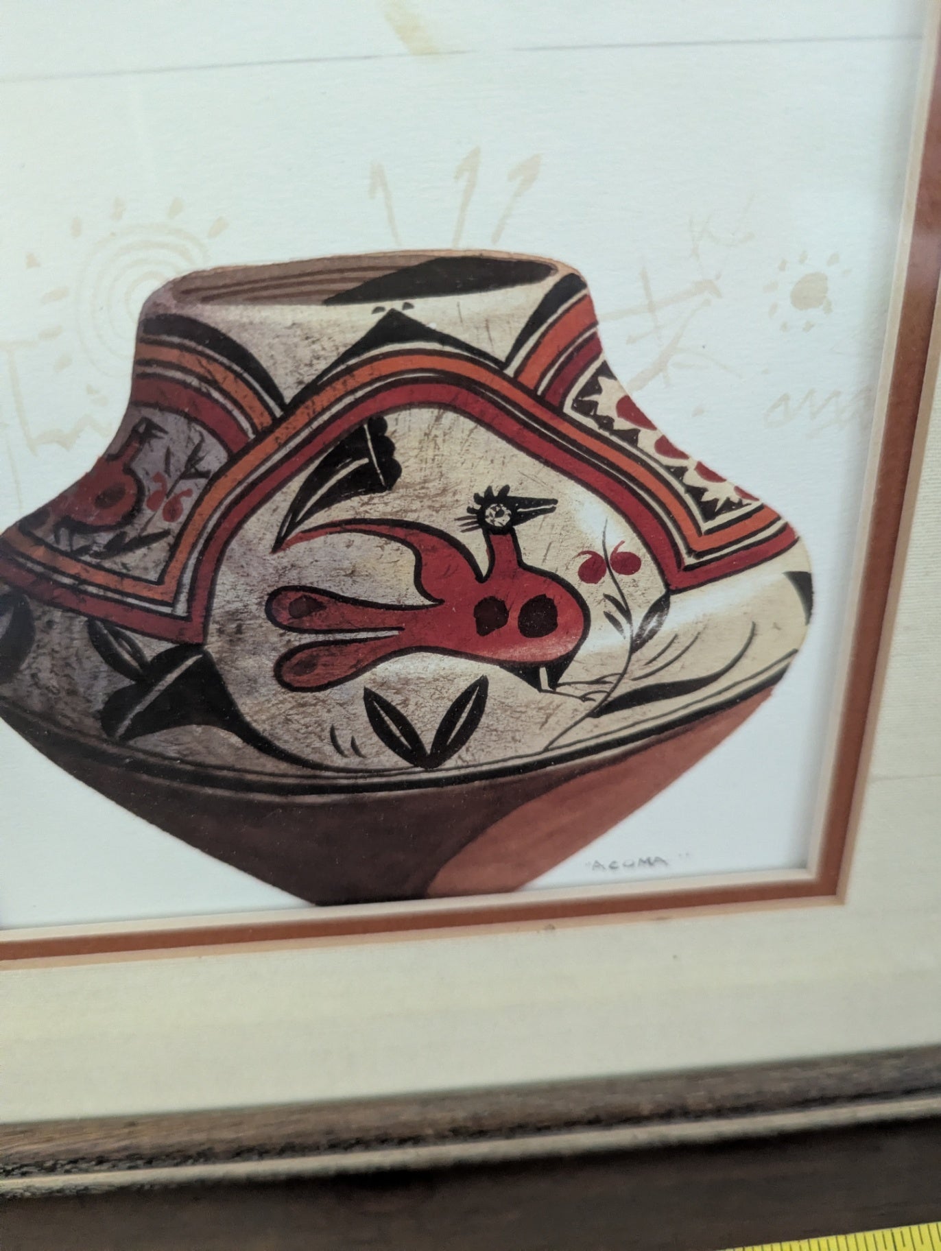 Vtg. Framed Print Acona Style Pottery Art