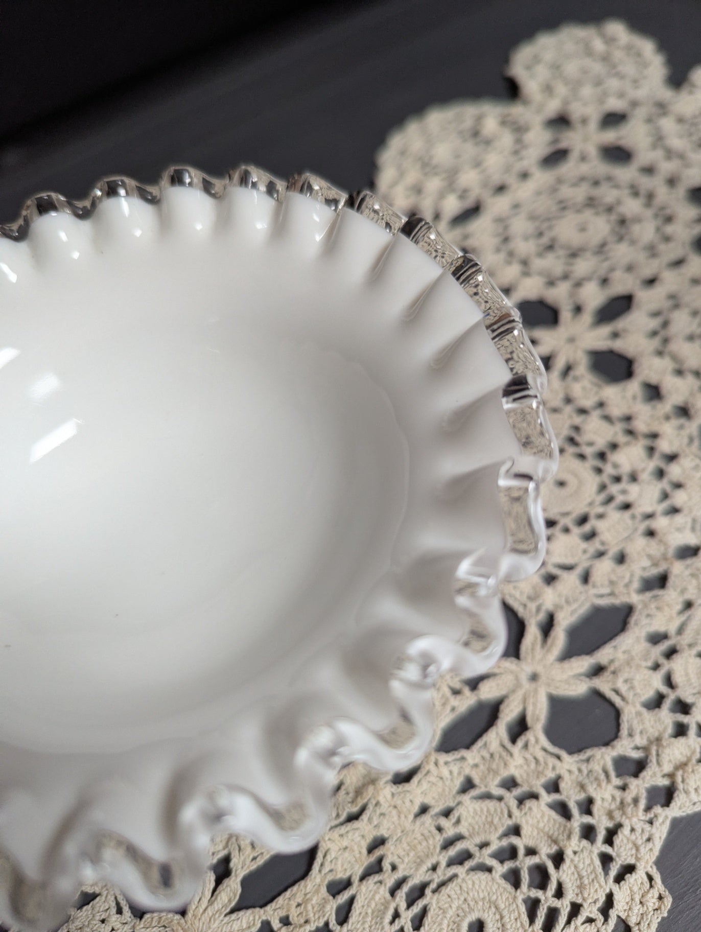 Vtg. Fenton Milk Glass Silver Crest Pedestal Nut Dish