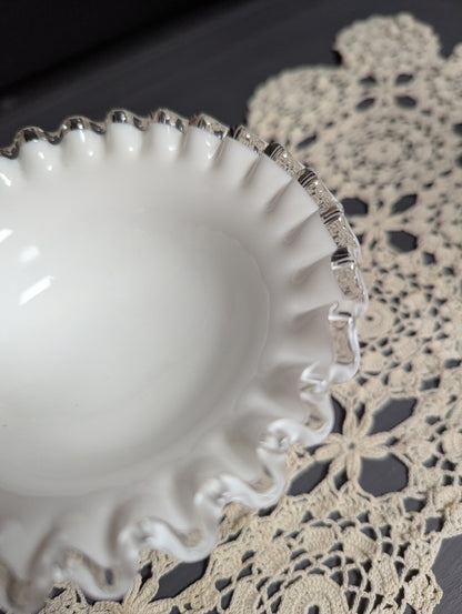 Vtg. Fenton Milk Glass Silver Crest Pedestal Nut Dish