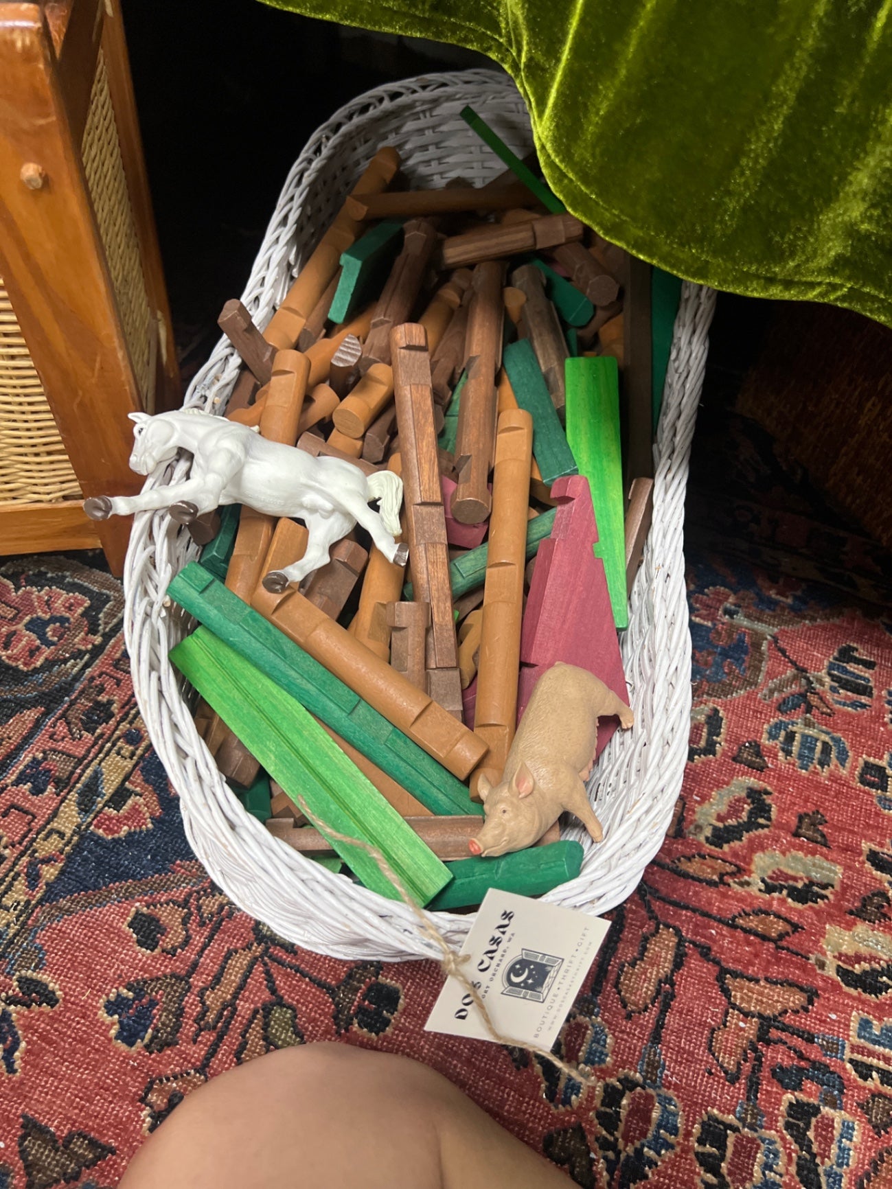 Lincoln Logs, animals & white basket