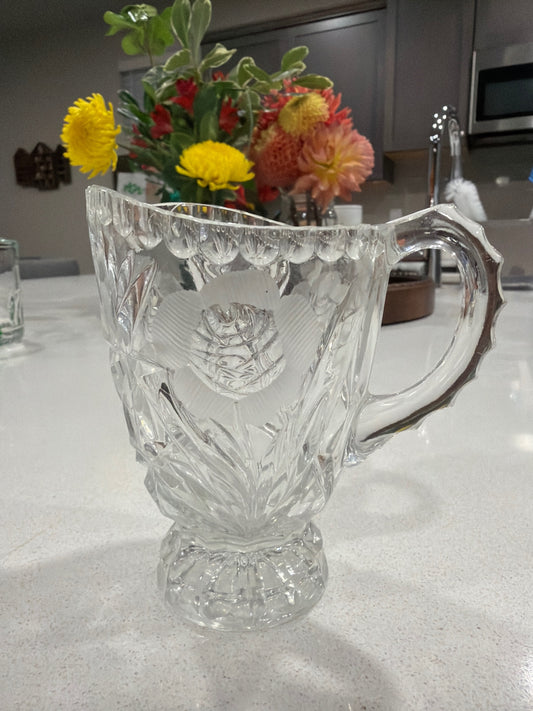 4.5" Vintage Italian Hand Cut Footed Crystal Creamer with Etched Roses and Diamonds